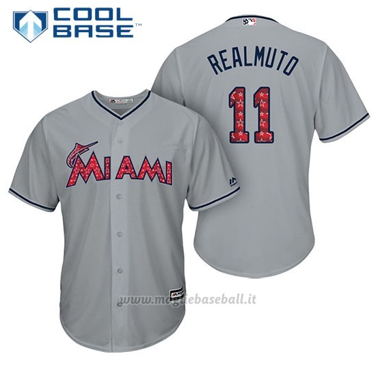 Maglia Baseball Uomo Miami Marlins 2017 Estrellas y Rayas J.t. Realmuto Grigio Cool Base